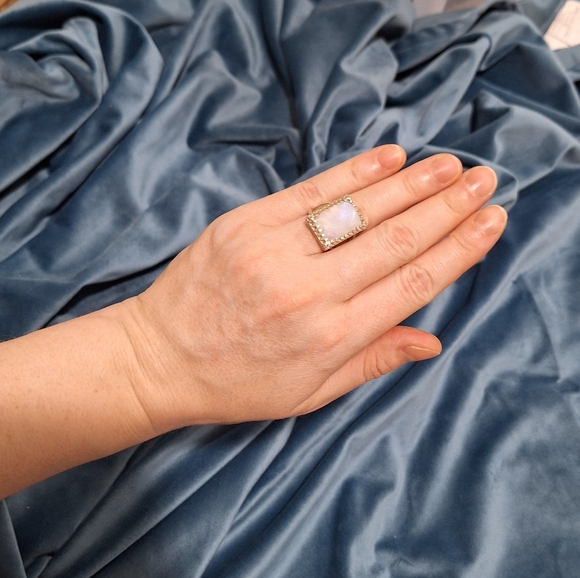 Moonstone Square Statement Ring Size 7 Sterling Silver 925 Big Stone Split Band - Picture 11 of 16